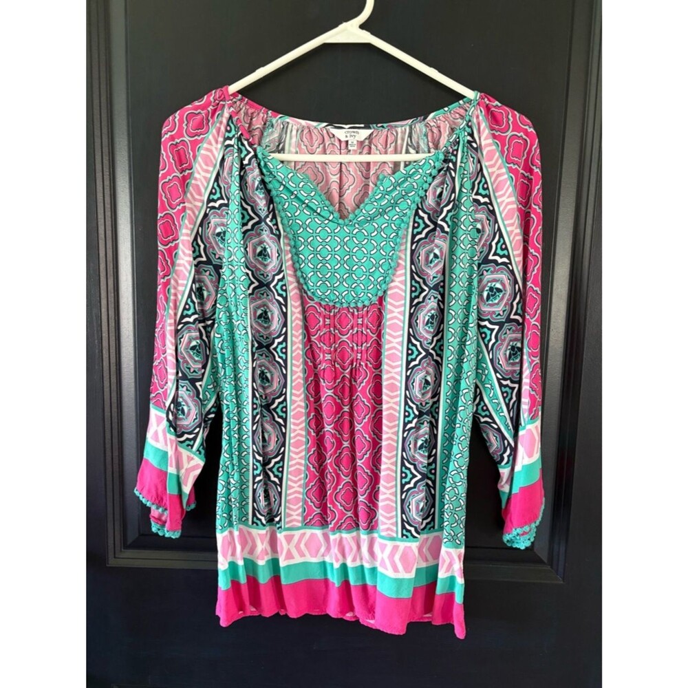 Crown & ivy top blouse pink and teal boho Pom detail Medium